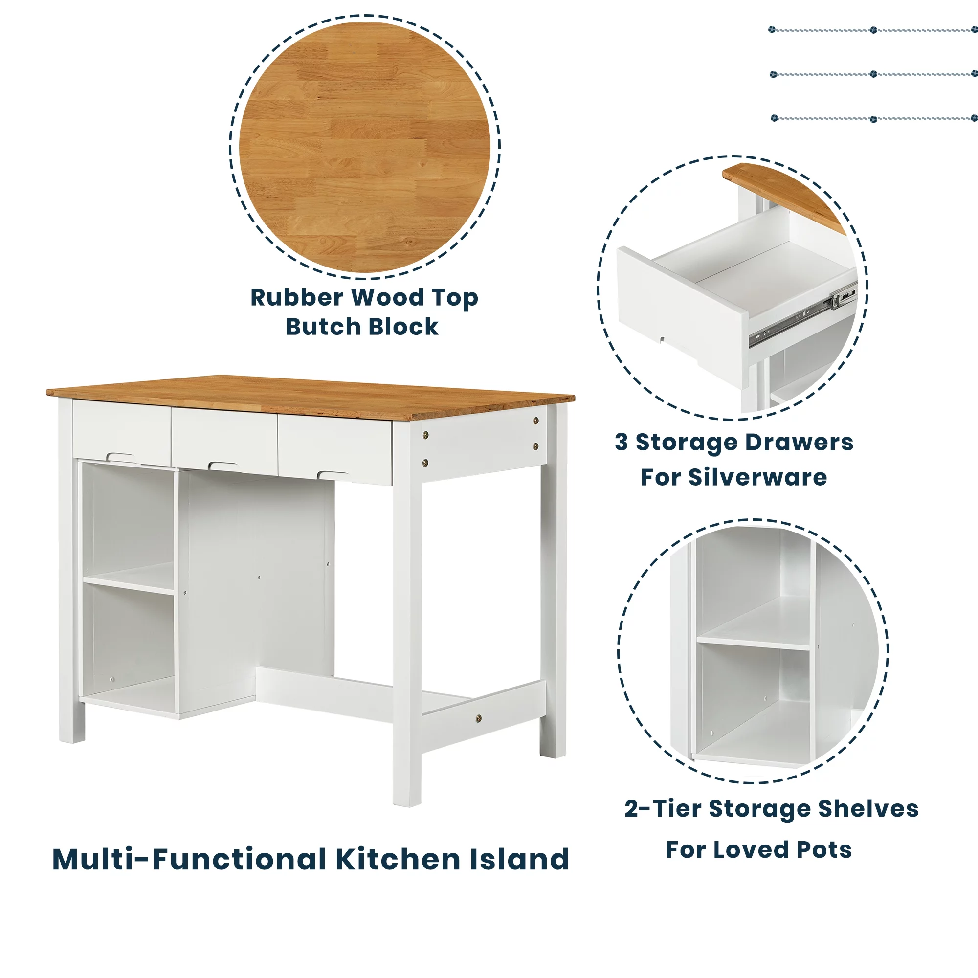 TOPMAX Farmhouse 3-piece 45" Stationary Rubber Wood Kitchen Island Set with 2 Seatings