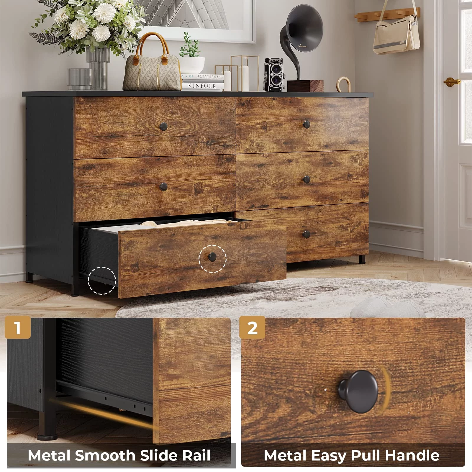 6 Drawer Double Dresser, Wooden Chest of Drawers with Heavy Sturdy Steel Frame, Large Capacity Storage Cabinet, Dresser for Bedroom, Living Room
