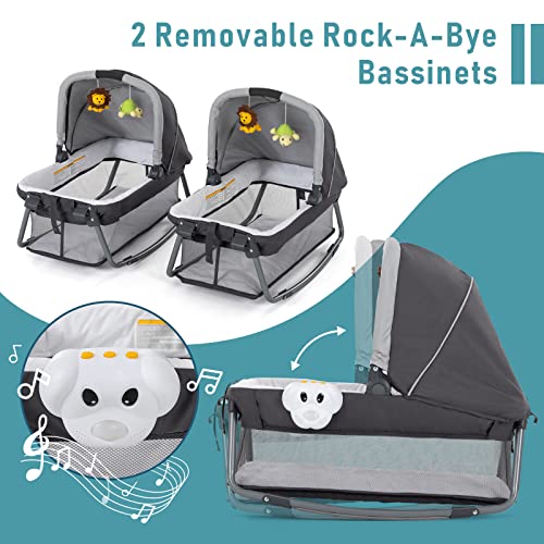 Twin Bassinet & Full-Size Infant Bassinet & Playard for Baby, includes 2 Removable Rock-A-Bye Portable Bassinets with Storage Bags, Light Gray