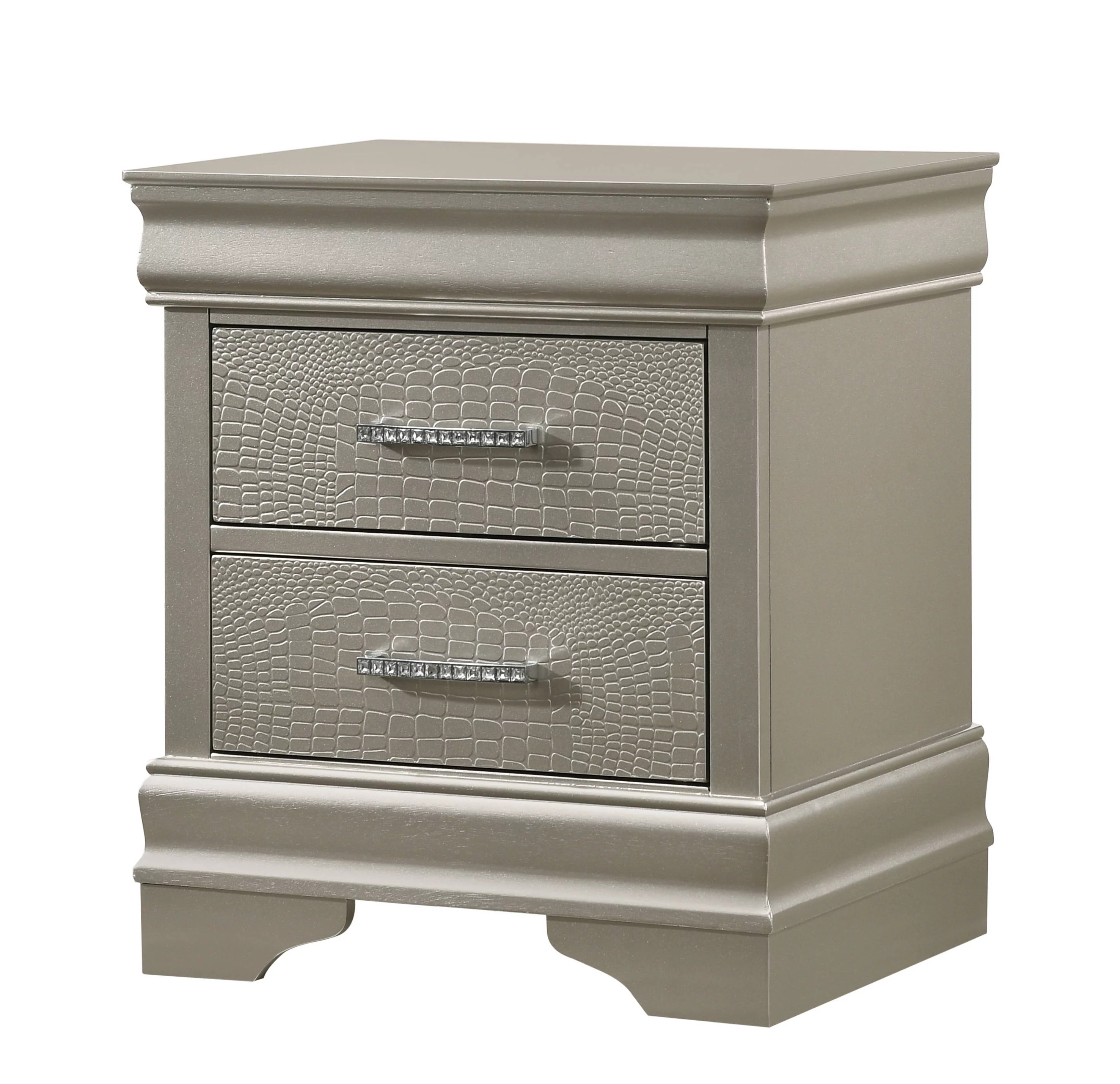 3Pc Silver Finish Queen Size Panel Upholstered Button Tufted Headboard Bed Nightstand Set Wooden Bedroom Furniture