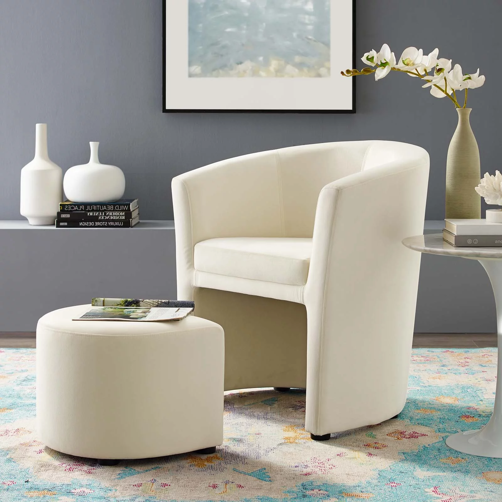 Contemporary Modern Urban Designer Living Room Lounge Club Lobby Armchair Accent Chair and Ottoman, Velvet Fabric, Ivory White