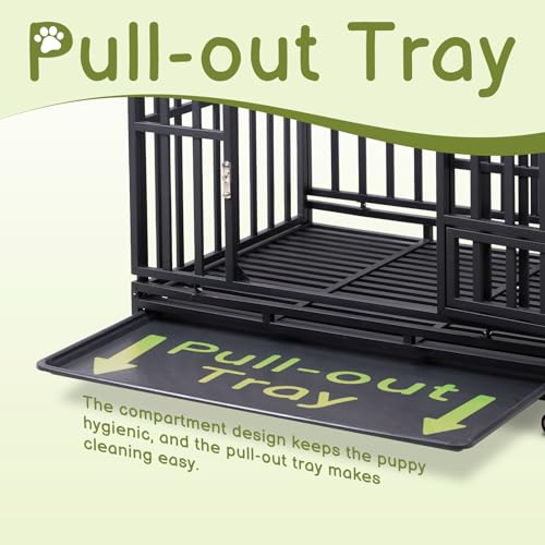 Outvita Heavy Duty Dog Crate,42" Large Metal Wire Dog Kennel, Chew Proof Dog Cage with Lockable Wheels, Plastic Try
