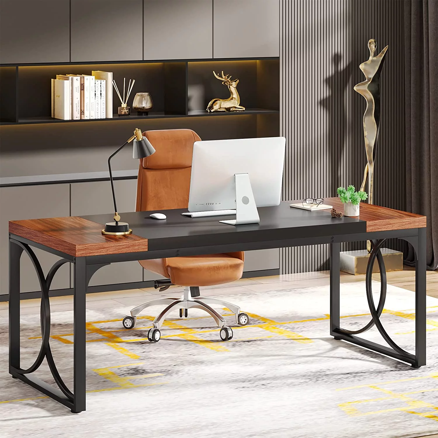 Tribesigns 63" Executive Desk, Large Office Computer Desk, Industrial Thicken Wood Workstation Business Furniture, Walnut & Black