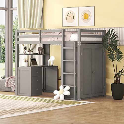Loft Bed with Desk and Wardrobe Full Size Loft Beds Frame with Storage Drawers Cabinet Wood All in One Beds for Kids Boys Girls Teens Bedroom Dorm
