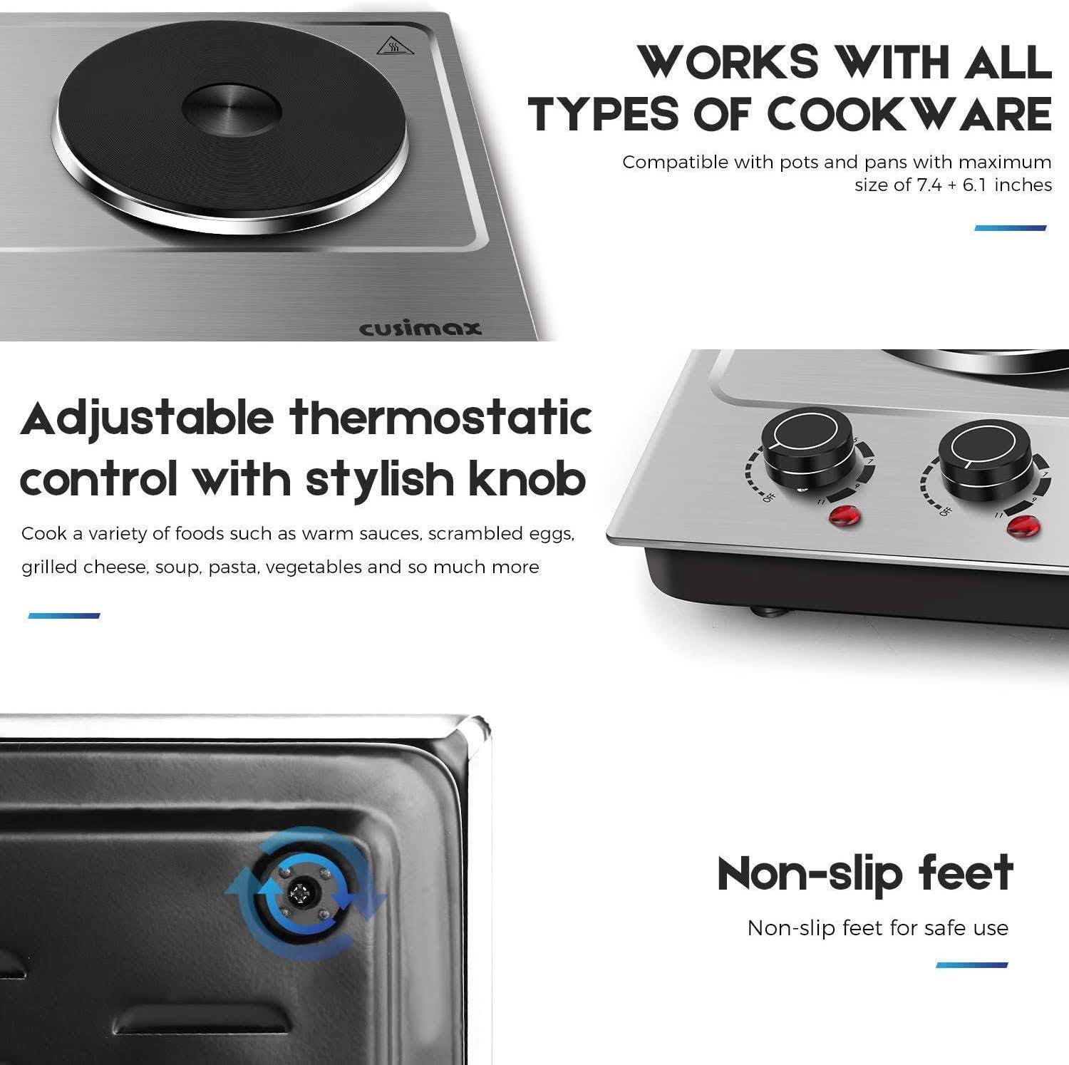 Cusimax Hot Plate , 1800W Electric Double Burner Countertop Cast Iron HEATING Plate