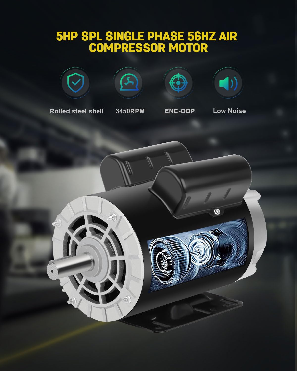 5 HP SPL Air Compressor Motor, 3450 RPM Electric Motor, 230V Single Phase Motor, 56HZ Frame 7/8" Keyed Shaft 60 Hz, Commercial-Duty CCW Rotation