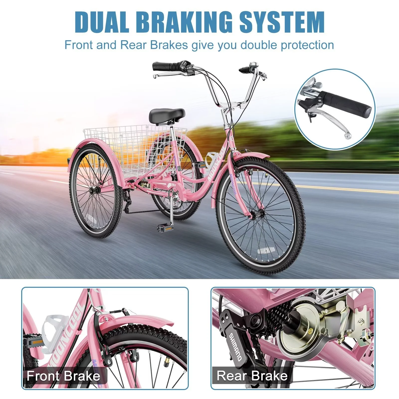 MOPHOTO 7 Speed Adult Tricycle 26 in/24in/20in, Trikes for Adults, Adult Tricycle with Basket & Dual Braking System, Adult Trikes for Women, Men