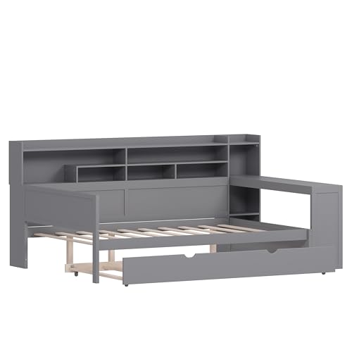 Corner Twin Bed Frame with Bookcase Storage and Desk, Wood Day Beds with 2 Drawers, Twin Size Daybed with Storage for Living Room
