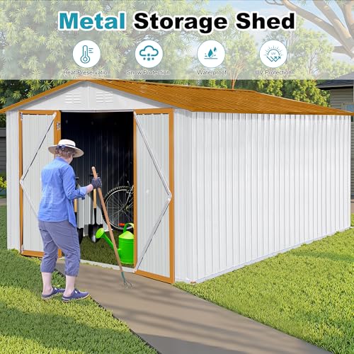 8x6 FT Outdoor Storage Shed, Metal Tool Shed with Lockable Doors, Peaked Roof & Frame Floor