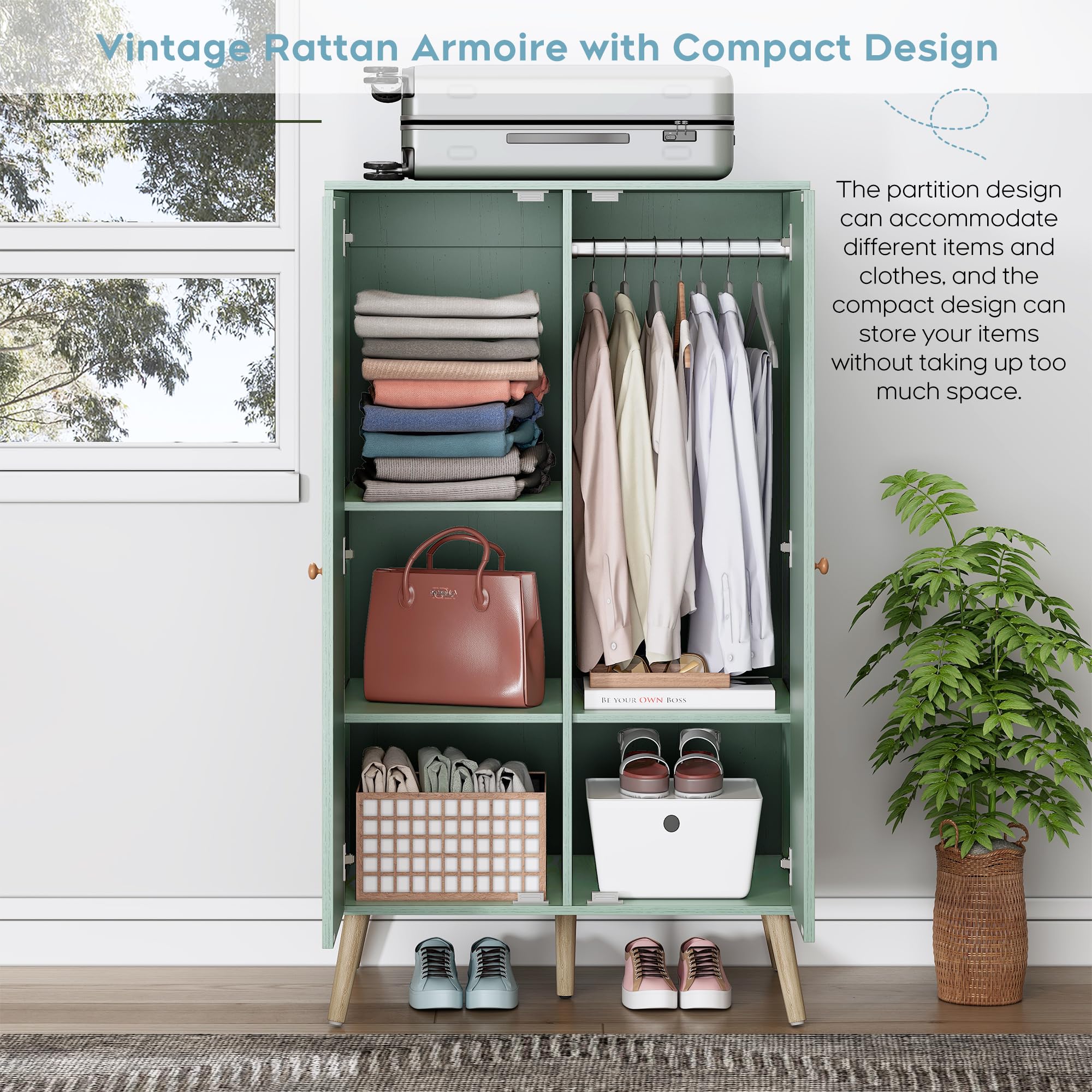 Brafab 55" Mid Century Vintage Armoire Wardrobe Closet with Natural Rattan Doors
