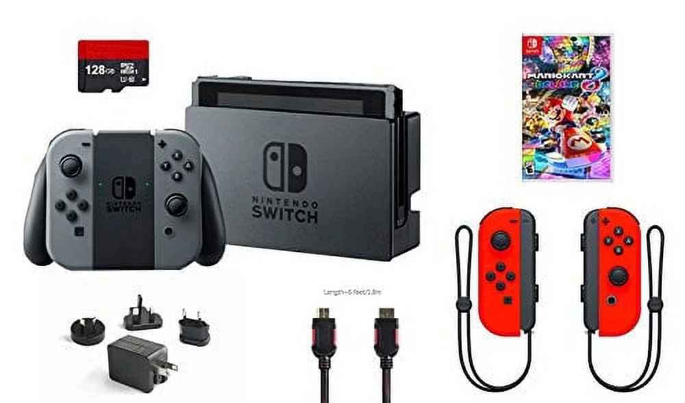 Nintendo Switch 6 items Bundle:Nintendo Switch 32GB Console Gray Joy-con,128GB Micro SD Card Nintendo Joy-Con (L/R) Wireless Controllers Neon Red
