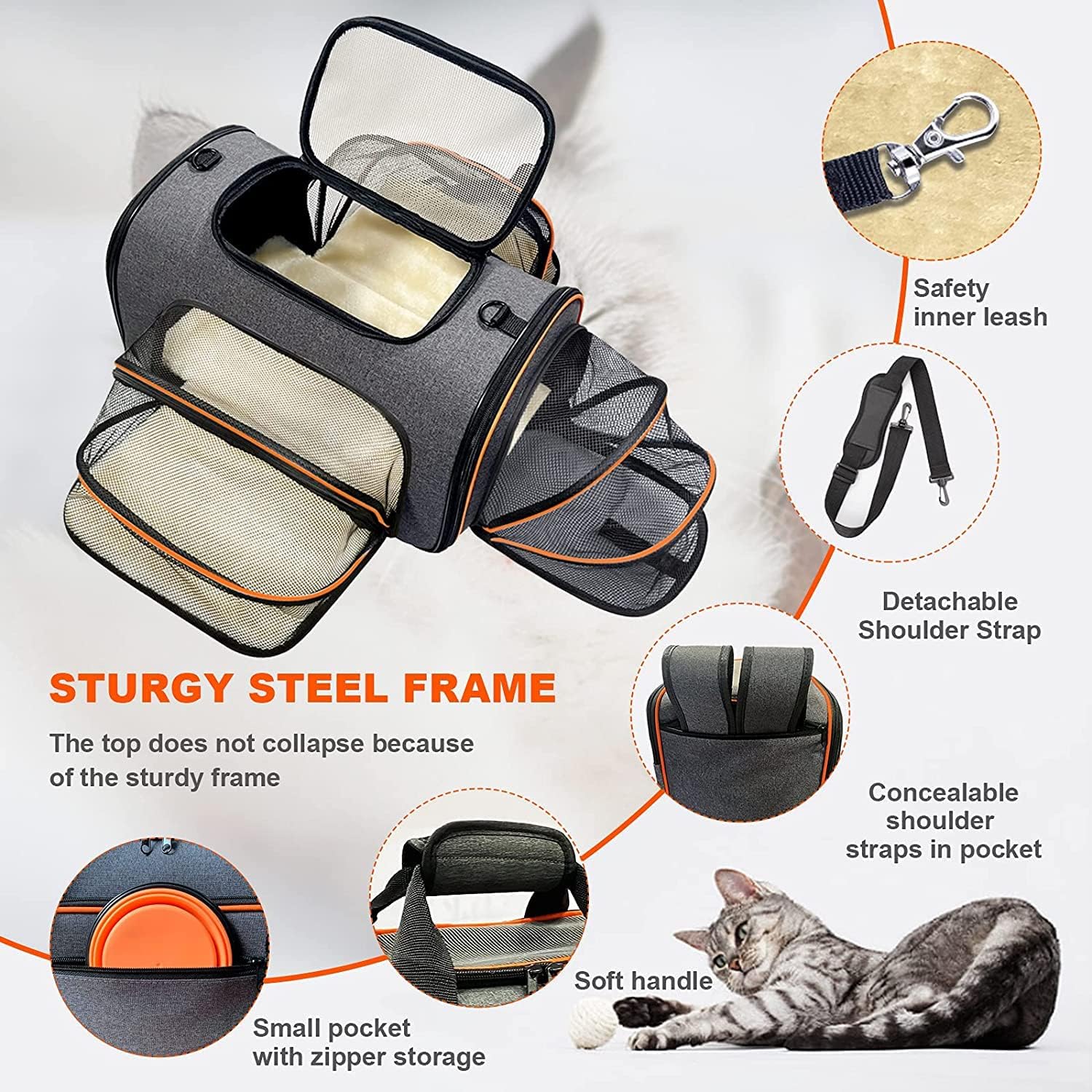 Cat Carrier, 3 Sides Expandable Foldable Pet Carrier for Medium Cat Small Dog