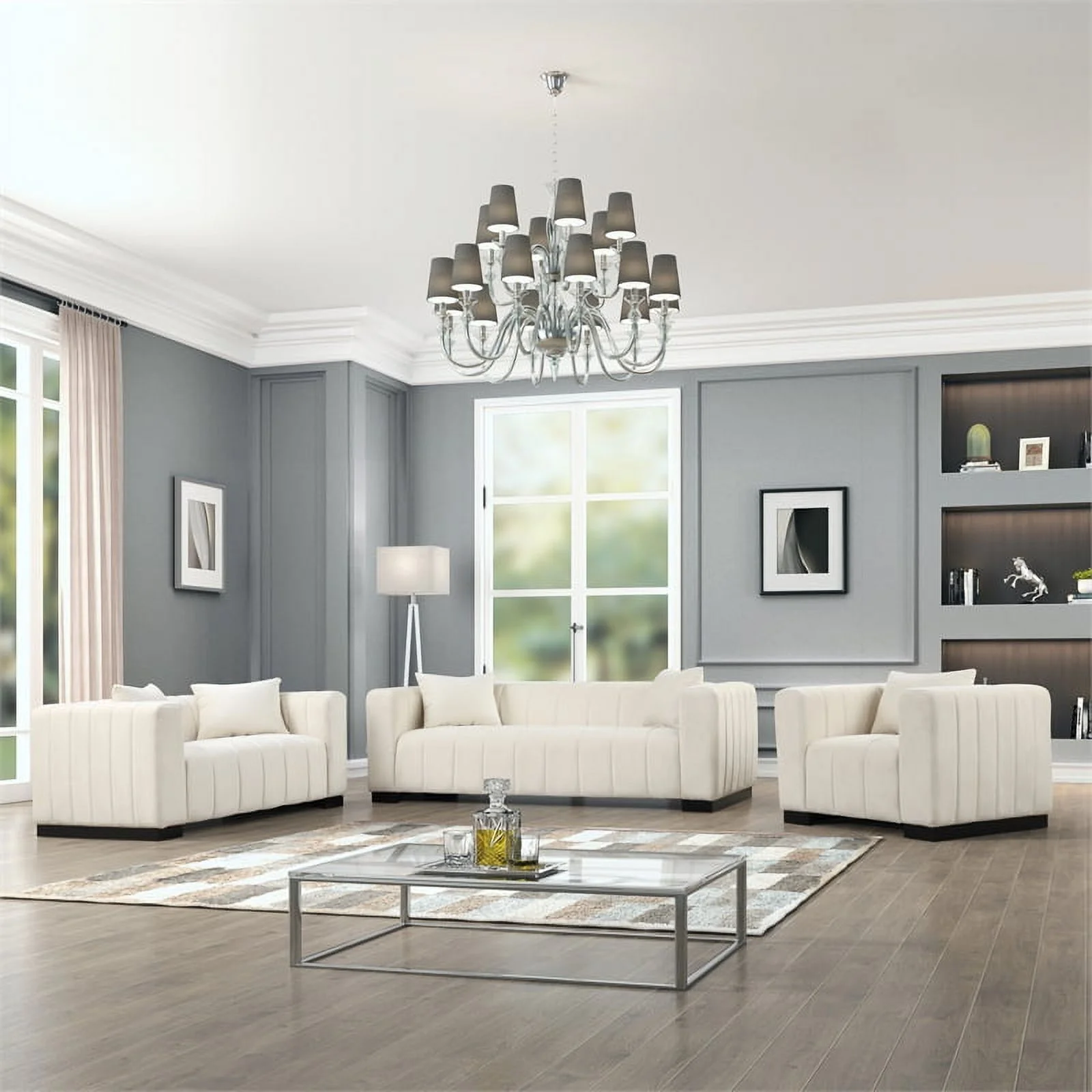 Rnfurnishings 3-PC Living Room Furniture Velvet Sofa+Loveseat+Armchair Set-Beige