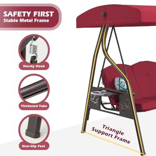 3-Seat Outdoor Porch Swing with Stand, Patio Swing with Canopy