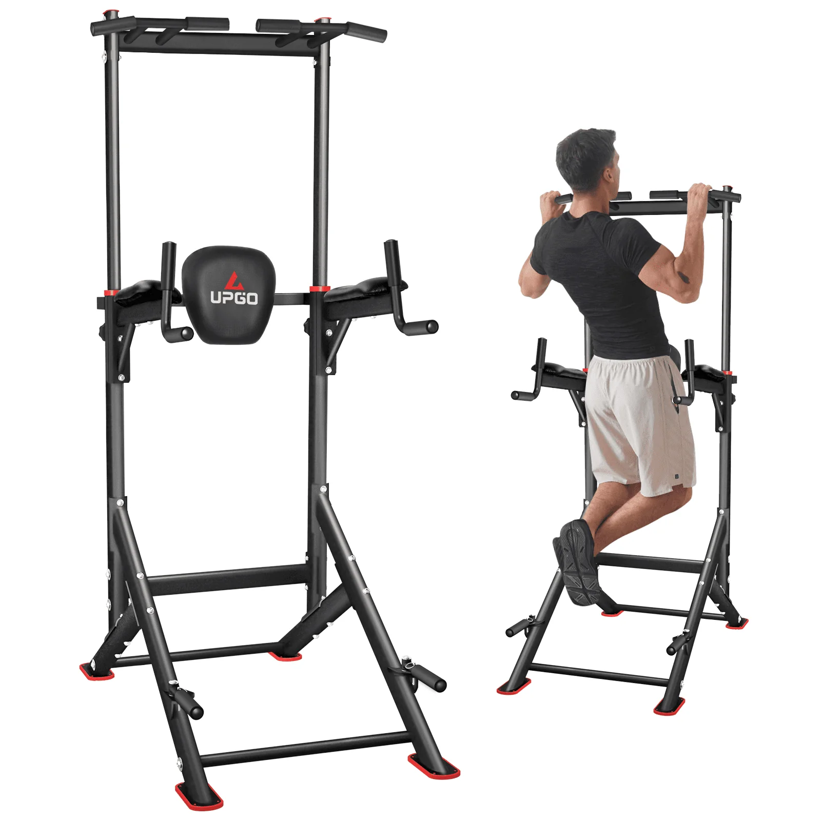 UPGO Adjustable Power Tower 400lbs Max Weight Dip Station Pull up Bar Power Rack Push up Resistance Band for Home Gym Strength Training Workout
