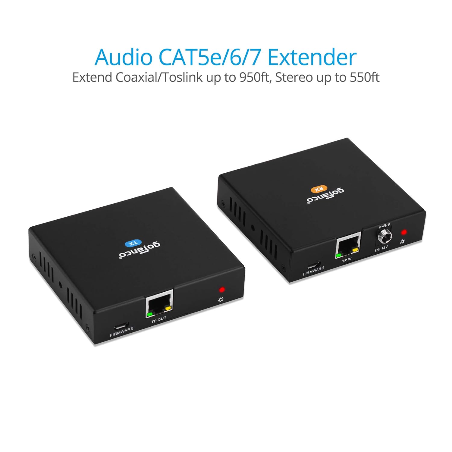 gofanco Coaxial/Toslink/RCA Stereo Audio Extender Over CAT5e/6 Ethernet Cable – 950ft (290m) Extension, Embedded DAC & ADC, PoC, Up to 7.1-Channel