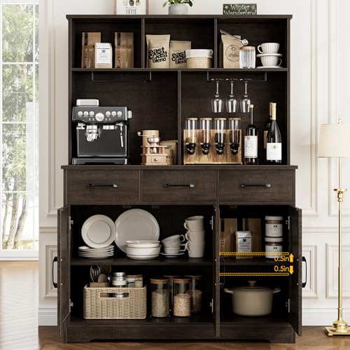 HOSTACK Buffet Cabinet with Hutch, Modern Farmhouse Kitchen Buffet Sideboard Storage Cabinet with 3 Drawers, Barn Door Coffee Bar Station