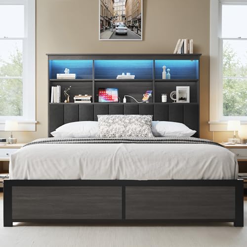 HISOFT Queen Bed Frame with Storage Headboard, Wood Bed with High Storage Bookcase, 4 Drawers & LED & Charging Station