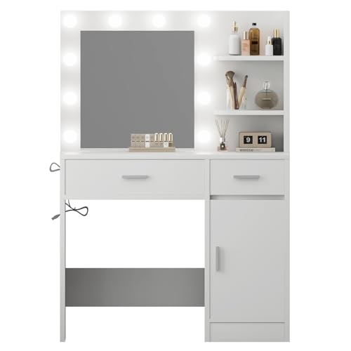 Vanity Desk with Mirror and Lights, Makeup Vanity with Drawer & Storage Shelves, Cabinet, 3 Lighting Modes Adjustable Brightness