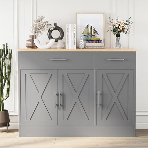Shintenchi Modern Farmhouse Sideboard Buffet Cabinet with Storage with 3 Doors,42" Barn Doors Buffet Cabinet with Storage