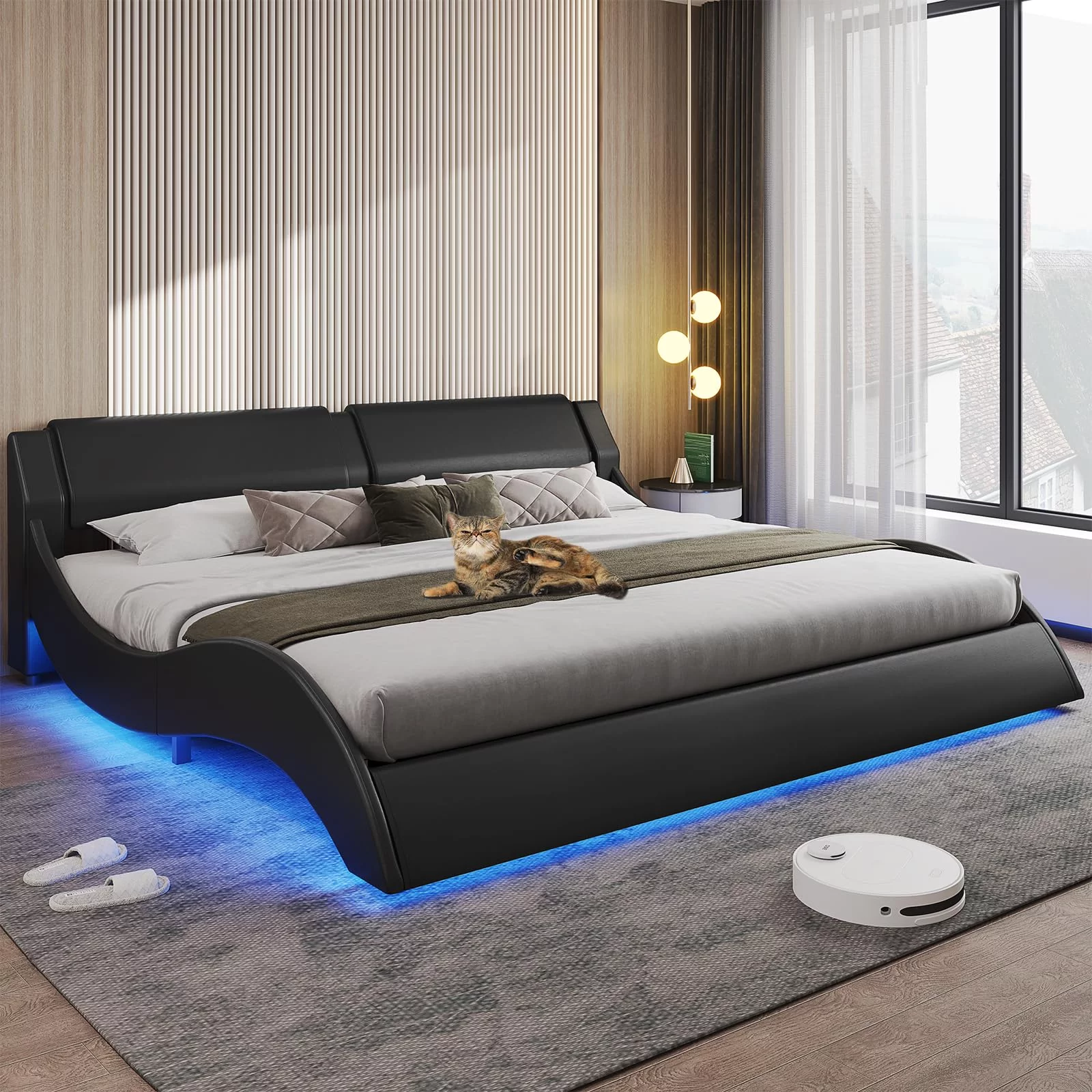 King Size Bed Frame with Headboard,Faux Leather Low Profile Platform Bed Frame with RGB LED Lights,Wave Like Curve King Bed,Black