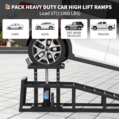 2PCS Hydraulic Car and Truck Service Ramps,11023 Lbs (5 Tons) Capacity, Portable Lifts Ramps for Oil Changes, Adjustable Lift Height 9.8" to 16.21"