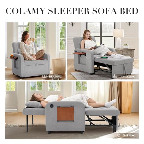 COLAMY Convertible Sleeper Chair-Fabric Futon Sofa Bed, Single Sleeper Sofa, Small Couch Bed with USB Port, Foldable Table, Pillow