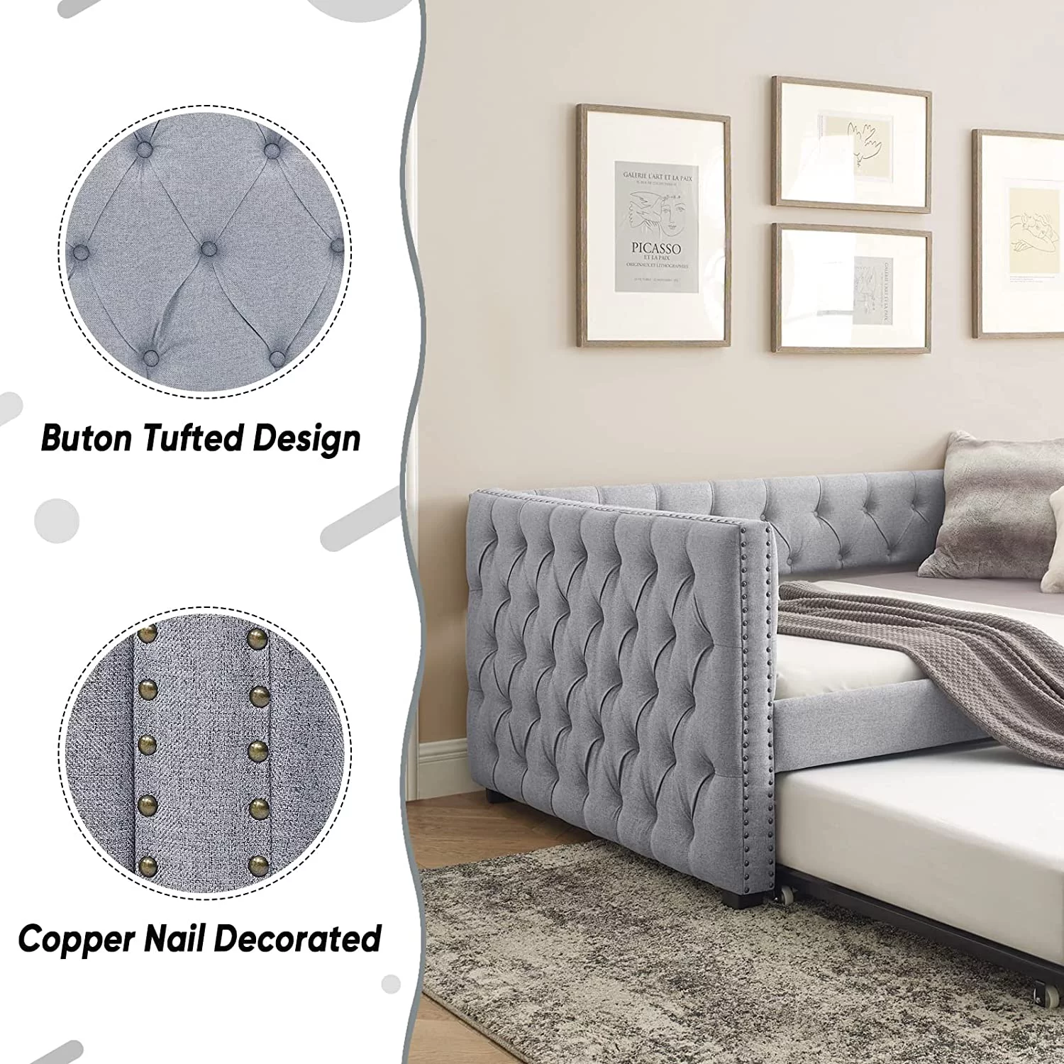 Daybed with Trundle, Muumblus Modren Kids Pull Out Sofa Bed for Bedroom & Living Room, Twin Size Frame, Light Grey Upgraded Linen Upholstered