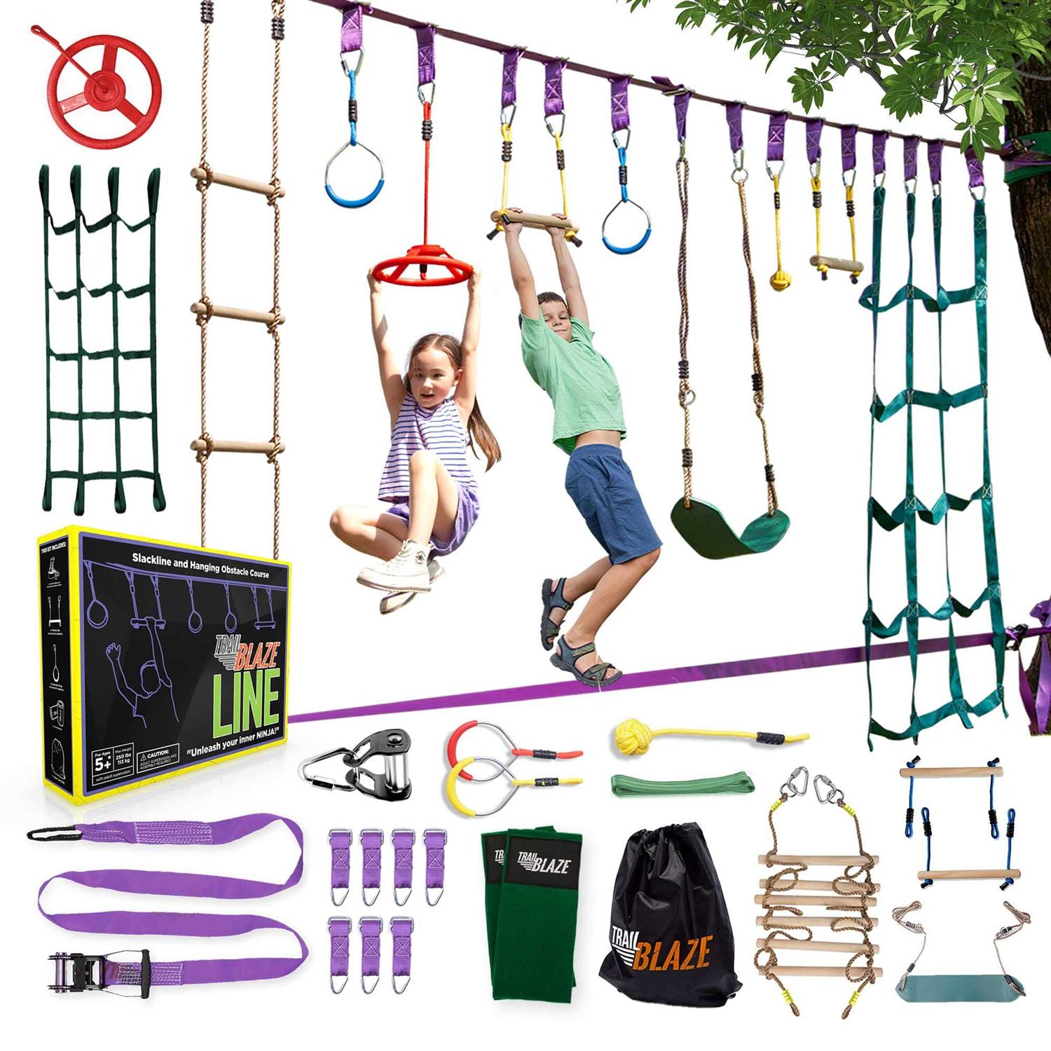 Trailblaze Ninja Warrior Hanging Obstacle Course for Kids 50 Feet Ninja Slackline Set with Tree Protectors - Sports Supplies Online Store
