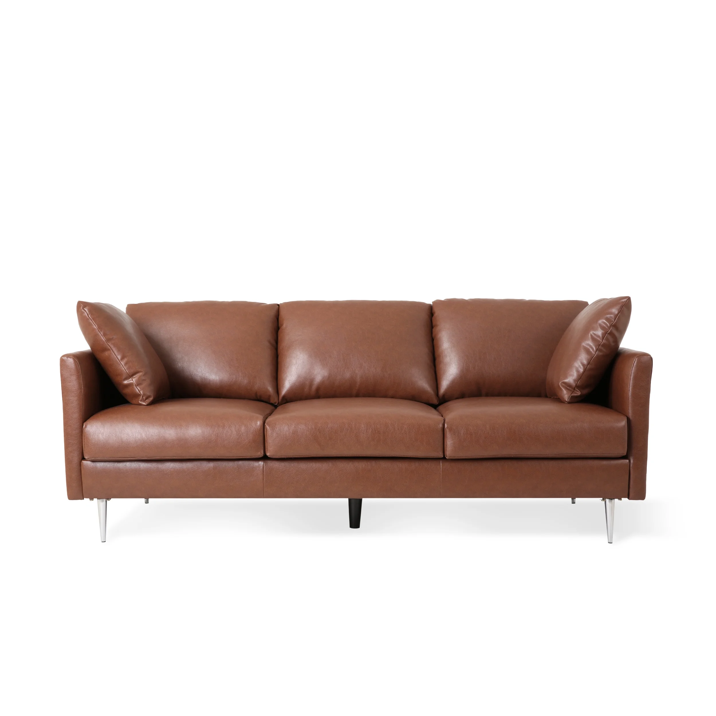 Noble House Eliphaz Faux Leather 3 Seater Sofa with Pillows, Cognac Brown