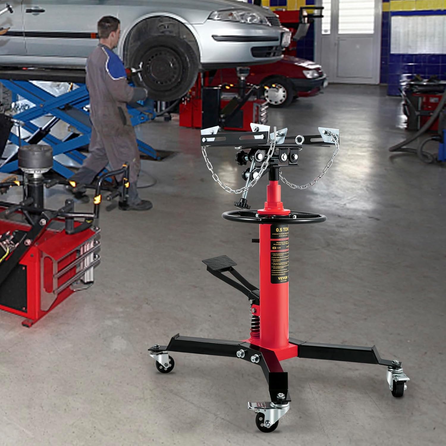 VEVOR Transmission Jack,1/2Ton/1100lbs Capacity Hydraulic Telescopic Transmission Jack, 2-Stage Floor Jack Stand with Foot Pedal, 360° Swivel Wheel