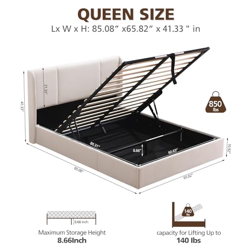 VELOCAVA Queen Size Lift Up Storage Bed with Modern Wingback Headboard, Upholstered Platform Bed with Fabric with Hydraulic Support Bars