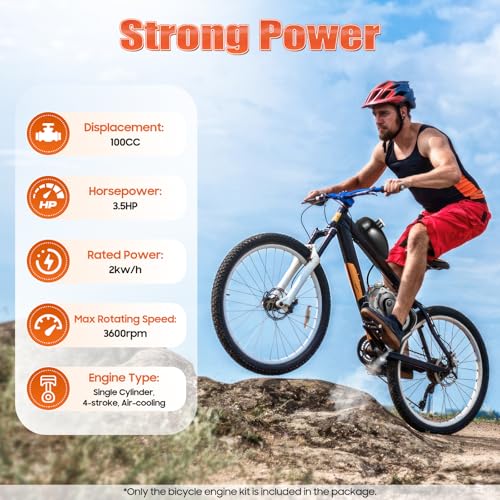 100cc Bicycle Engine Kit, 3.5HP 2 Stroke Motorized Bike Kit, Single Cylinder Air-cooling Gas Petrol Motorized Bike Engine for 26-28" Bikes