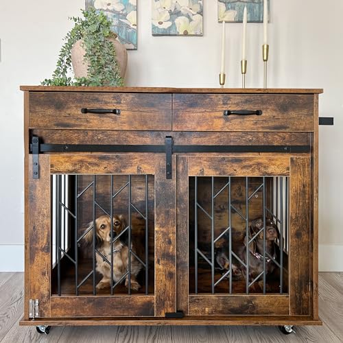 YITAHOME Dog Kennel Furniture for 2 Dogs, 39 inch Double Dog Crate with Storage Drawers, Indoor Wooden Dog House Heavy Duty for 2 Small Medium Dogs