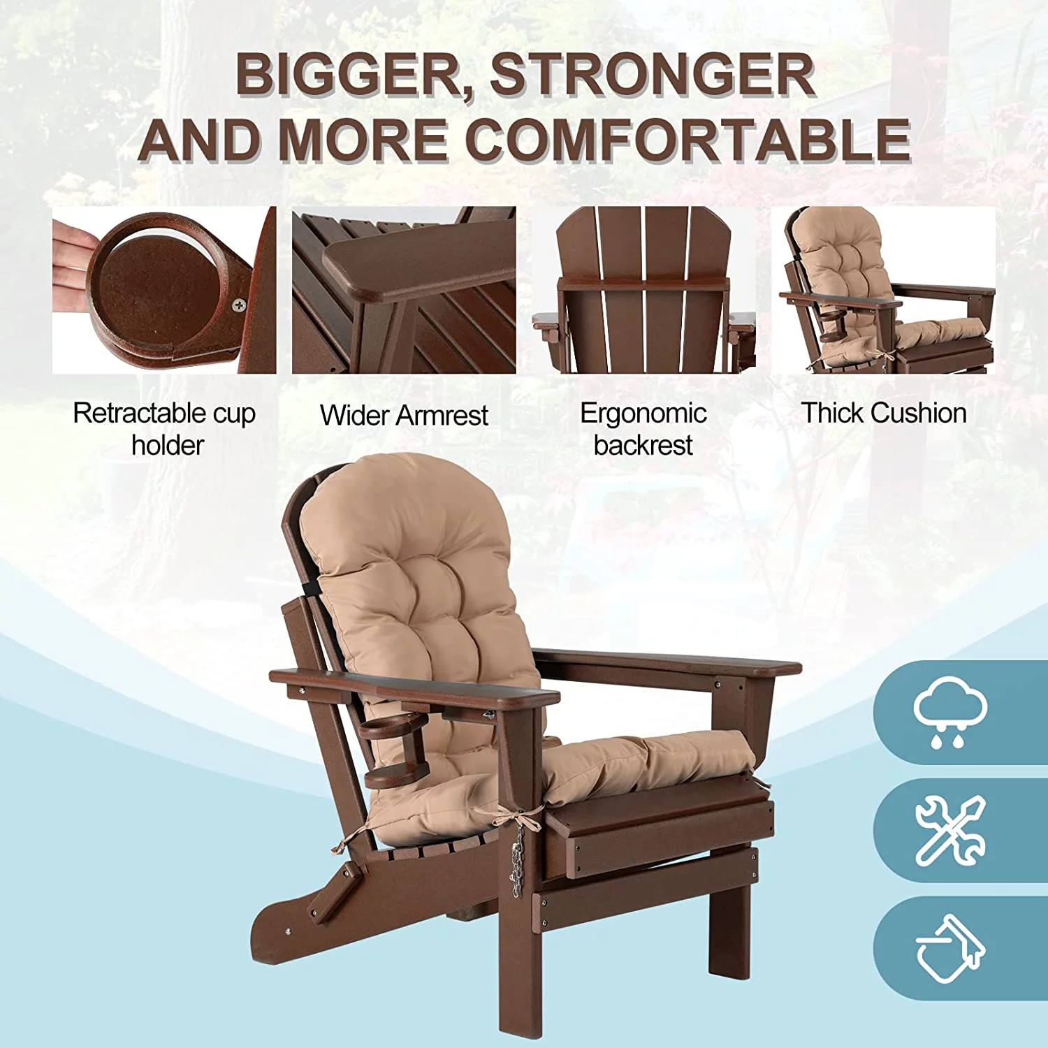 Nalone Folding Adirondack Chairs set of 2 with Cushion with Cup Holder, HDPE Plastic Oversized Patio Chair Weather Resistant(Wood)