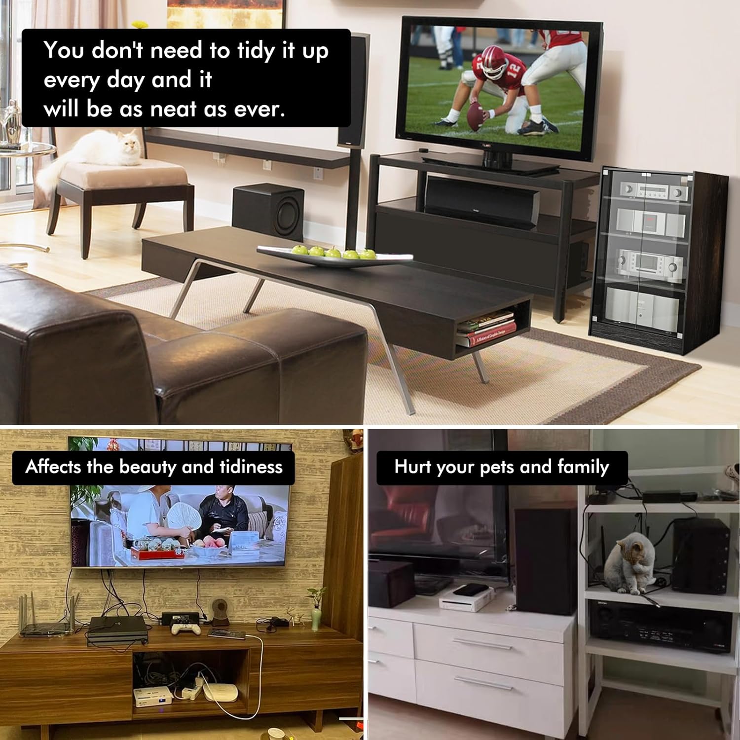 Media Storage Cabinet with Height Adjustable, 4-Tier Shelves Audio Video Media Stand Cabinet, Modern AV Cabinet with Glass Doors