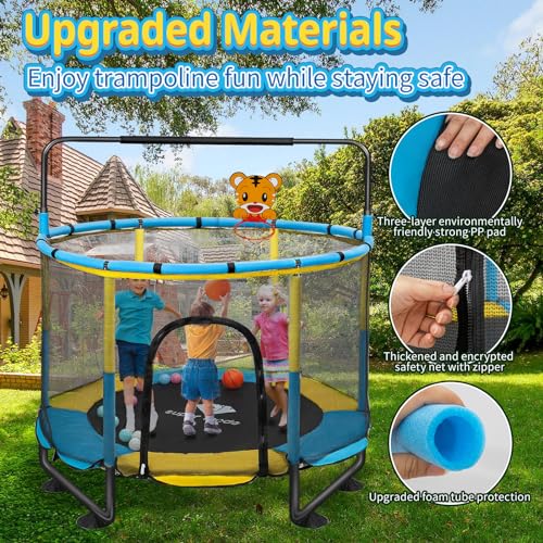 Trampoline for Kids, 5FT Adjustable for Toddler, Indoor/Outdoor Baby Trampoline with Enclosure Net, No-Gap Safe Design, Gifts for Boys & Girls