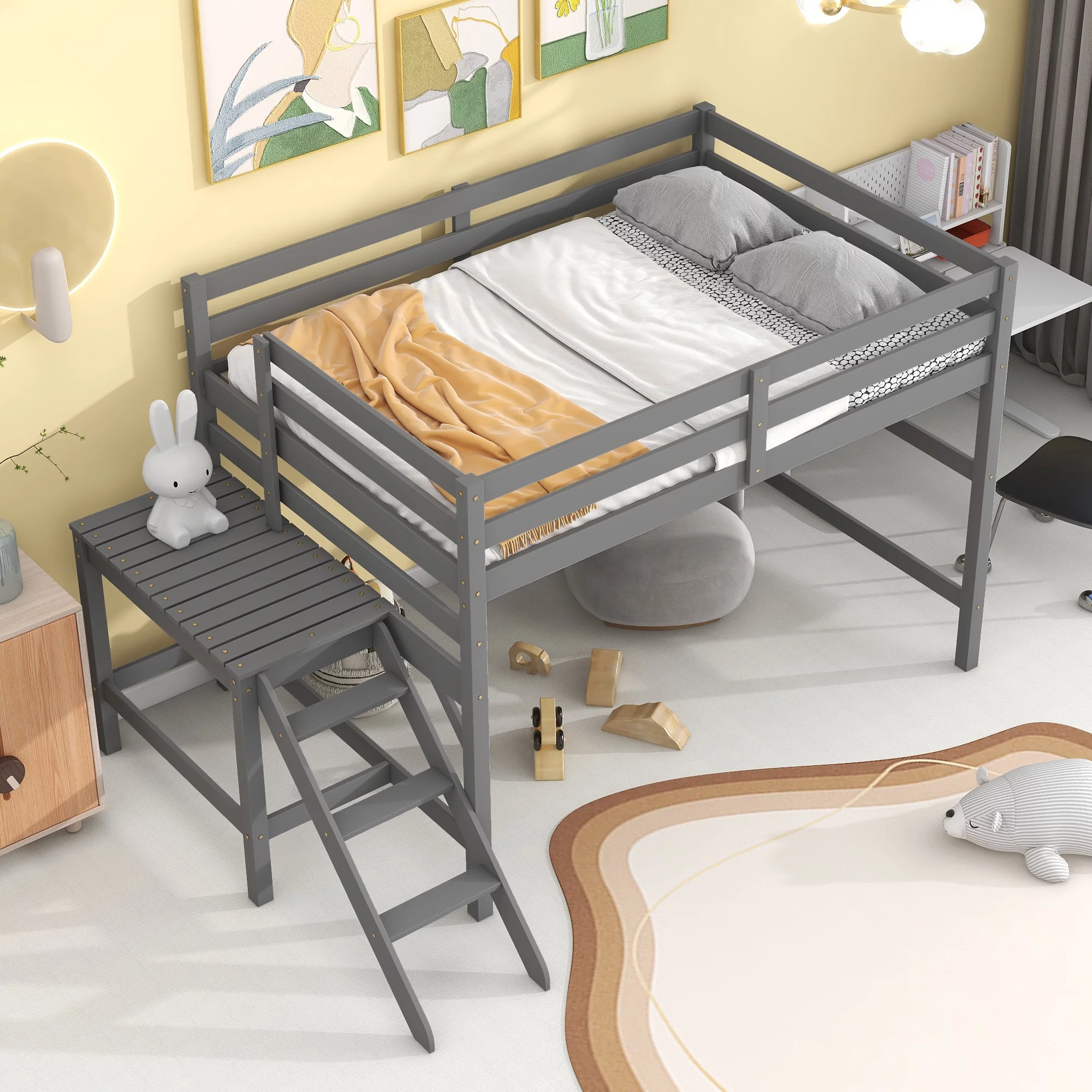 Bellemave Full Wood Loft Bed with Full-length Safety Rail and Ladder, Space-Saving Bedroom Low Loft Bed for Kids (Gray)