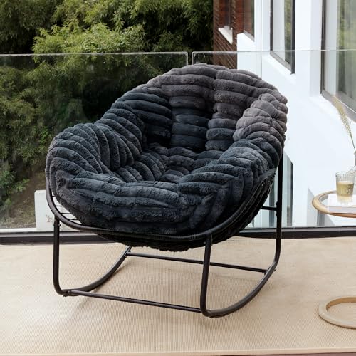 Outdoor Indoor Rocking Chair, Patio Wicker Egg Chair, Indoor & Outdoor Comfy Oversized Papasan Chair with Padded Cushion