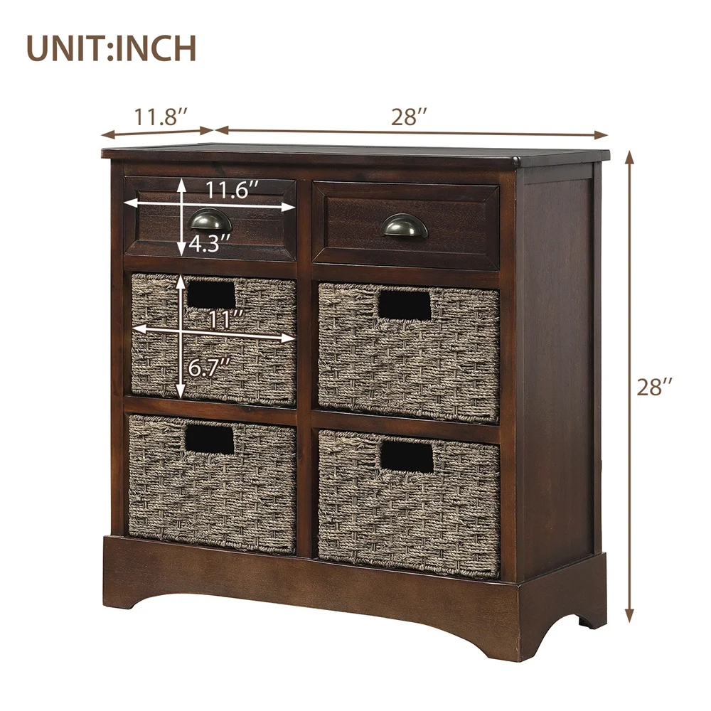 Rustic Storage Cabinet with 2 Drawers and 4 Wicker Baskets, Wood Console Table/Entryway Cabinet/Side Table for Living Room, Dining Room