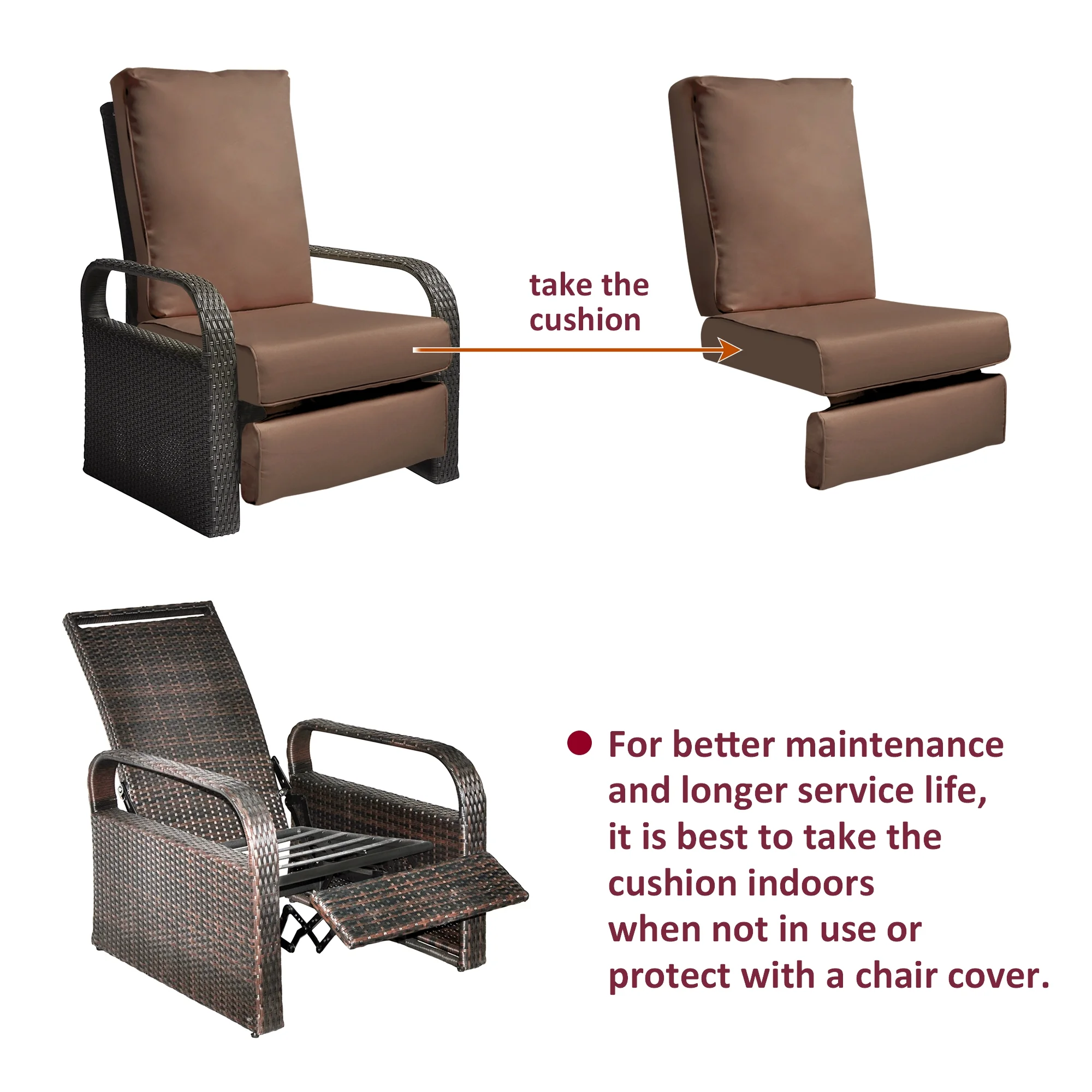 Skypatio Outdoor Recliner Replacement Cushion, UV Protected, Fade Protected, and Waterproof(Cover Can Be Replaced), Brown - Radiant Selections