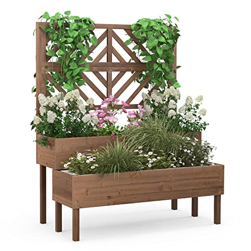 Giantex Raised Garden Bed with Trellis, 2-Tier Wooden Planter Box with Legs and Drain Holes, Garden Trellis for Vine Fruit Vegetable Flower Herb