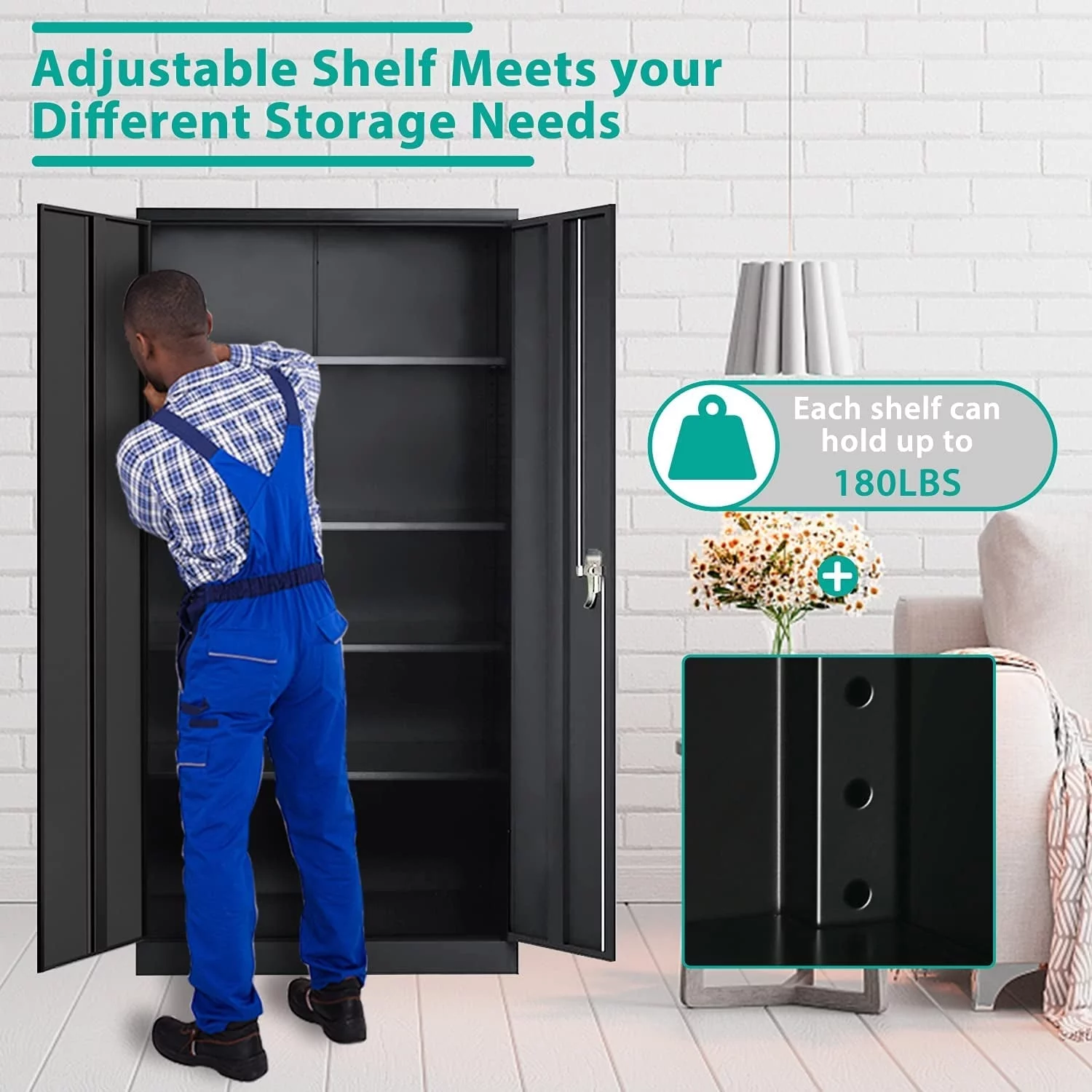 72 inch Metal Garage Storage Cabinet with Locking Doors and Adjustable Shelves Black Metallic Finish