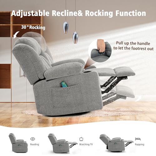 Rocker Swivel Recliner Chair for Adults, Overstuffed Large Manual Recliner Glider with Massage and Heat