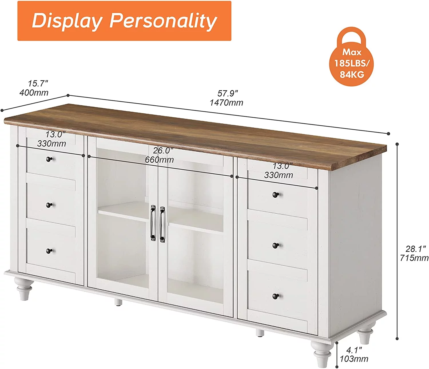 WAMPAT 4-Door Farmhouse TV Stand for TVs Up to 65 inch,Glass and Wood Universal TV Stand with 4 Storage Cabinets
