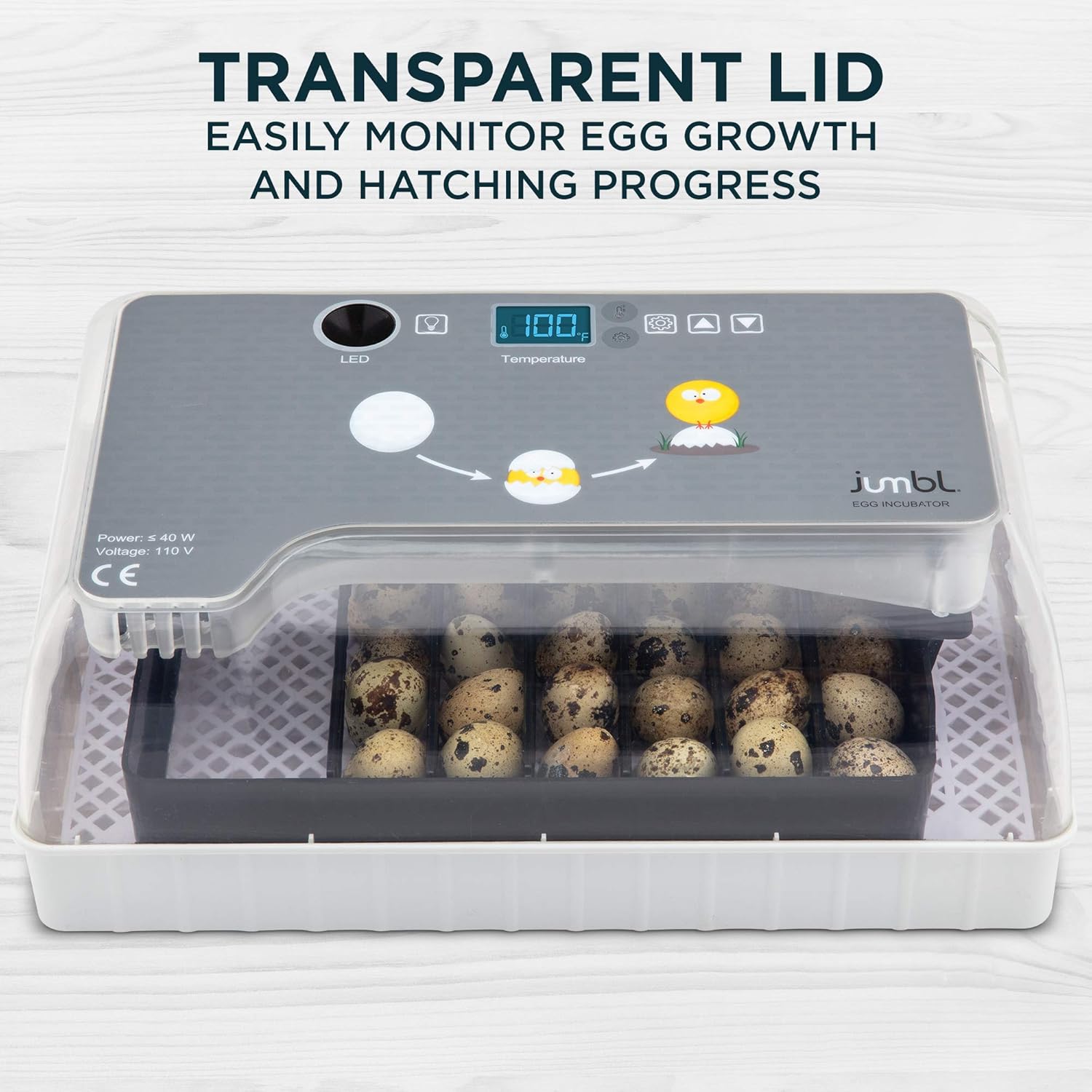 Jumbl Clear Egg Incubator, Fully Automatic Digital Poultry Hatching Machine, Temperature Control & Automatic Egg Turner, LED Candler