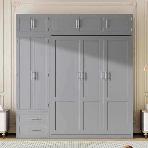 Merax Queen Size Murphy Bed with Top Cabinet, Shelves and Wardrobe, Fold into The Wall, Multifunctional Foldable Platform Bed Frame for Bedroom