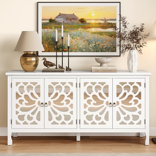 RoyalCraft Buffet Cabinet with Mirror Butterfly Carved Door, 63'' Sideboard Cabinet with Adjustable Shelves