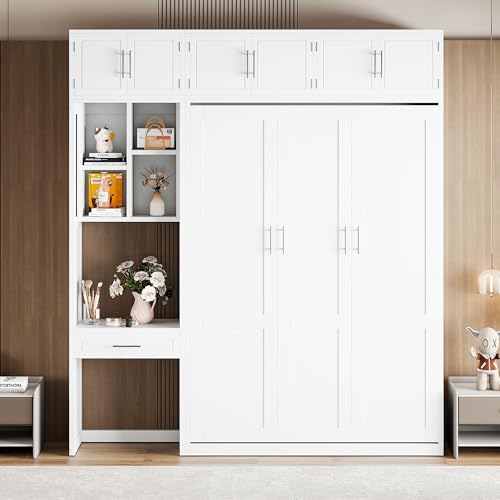 LZ LEISURE ZONE Full Size Murphy Bed, Wood Space Saving Foldable Wall Bed with Desk, Top Cabinet and Storage Shelves, White