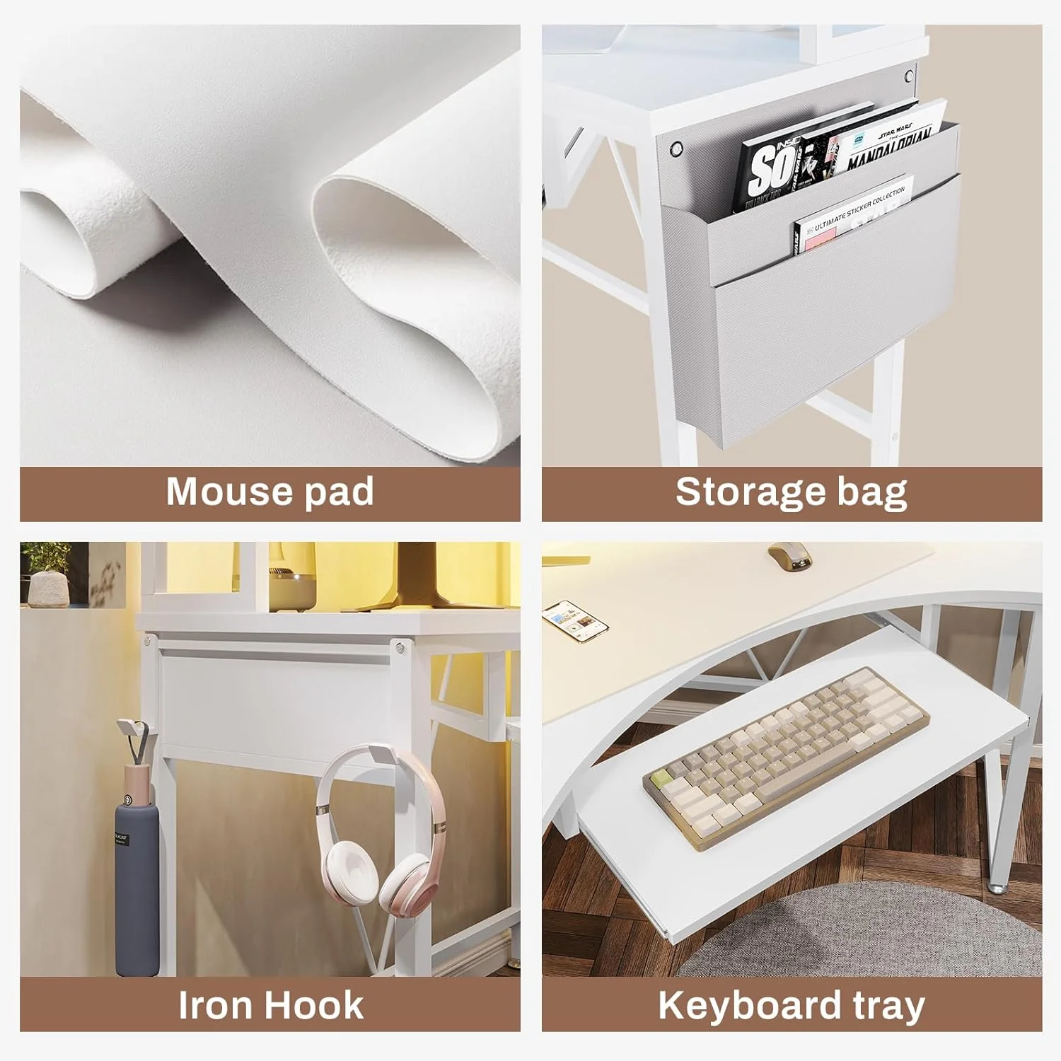 Corner Desk, Small Computer Desk with Hutch & LED Lights, Triangle Corner Computer Desk with Keyboard Tray, Storage Bag
